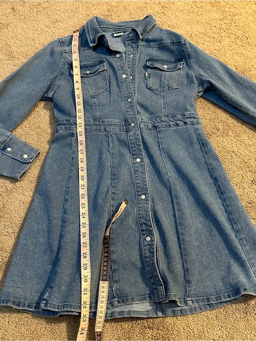 Western Denim Fit And Flare Mini Dress Pearl Snap Button Collar Pockets Sz M - Picture 9 of 9